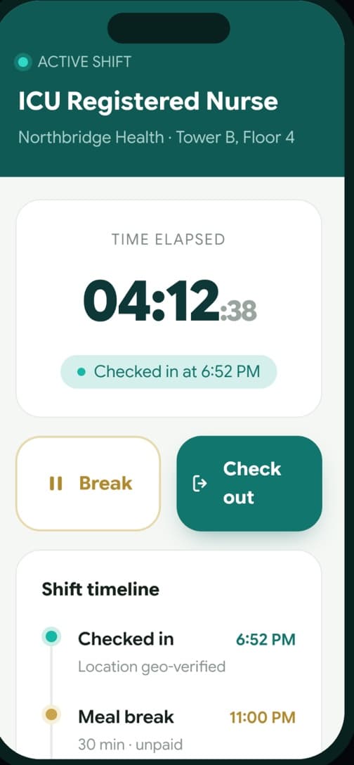 Live shift timer and check-in
