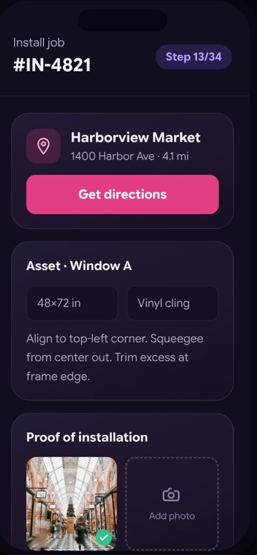 Installer field app with proof upload