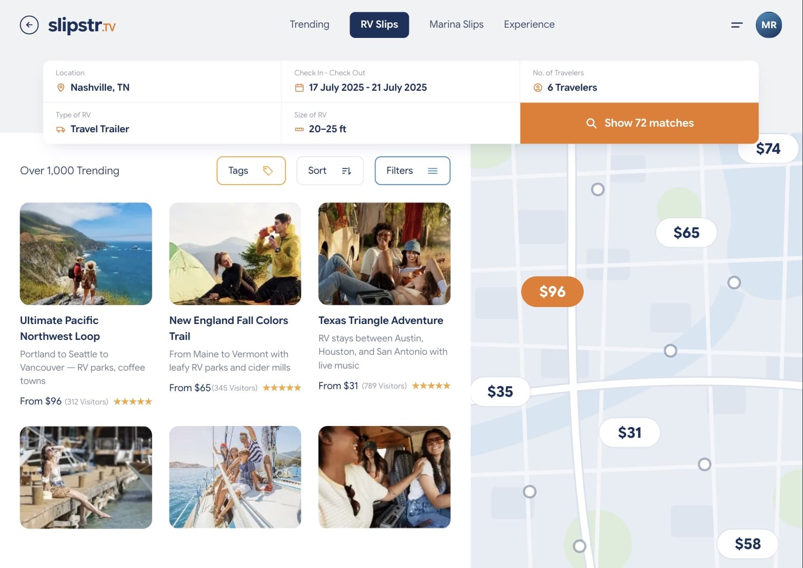 Slipstr search results beside a live map of available slips